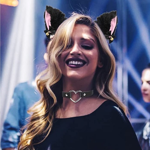 NWT Cat Ears + Choker Set Black & Pink Cute Bell Furry Ears Heart Necklace Goth - Picture 2 of 4